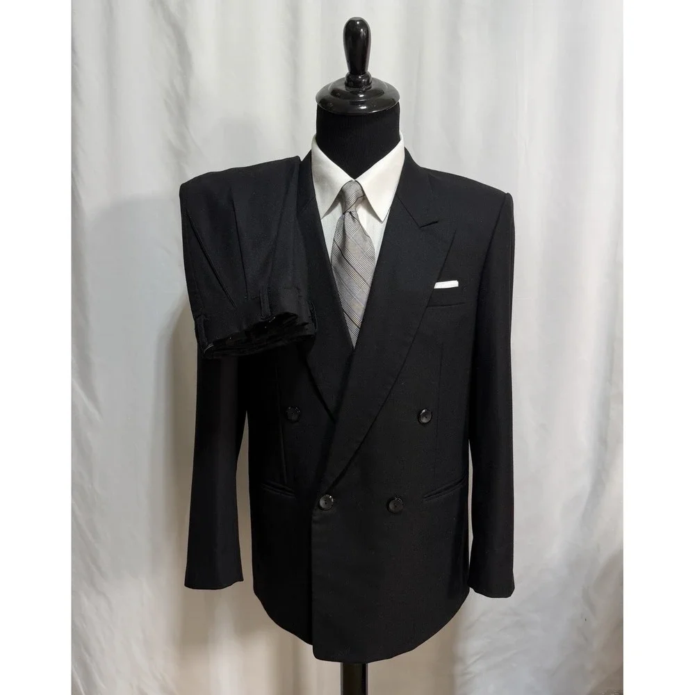 Vintage BESPOKE Double Breasted Flannel Suit Mens 40S 28x29 100% Wool Peak Lapel